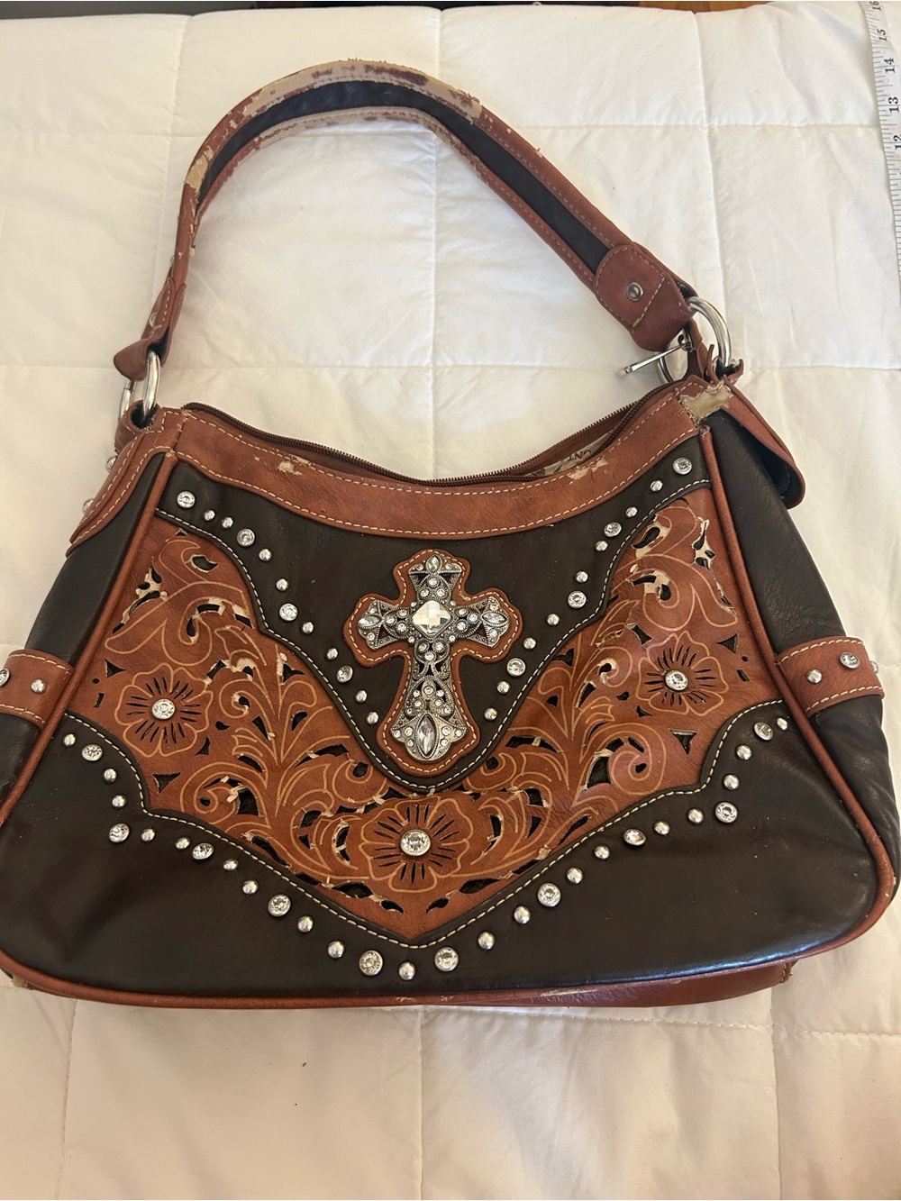 Embellished Brown & Tan Cross Accent Shoulder Bag